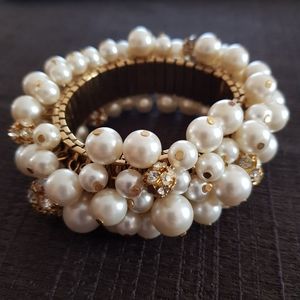 Pearl Statement Chunky Stretch Bracelet Cluster Pave Crystal Rhinestone Charm